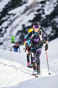 Italian athlete Martina Valmassoi competes at the 41th Transcavallo ski mountaineering race, on February 17, 2023 in Val Salatis, Tambre (Italy).
