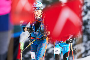 Italian athlete Enrico De Carli competes at the 41th Transcavallo ski mountaineering race, on February 17, 2023 in Val Salatis, Tambre (Italy).