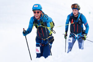 Italian athlete Raffaele Teza (L) and her teammates Dylan De Michieli (R) competes at the 41th Transcavallo ski mountaineering race, on February 17, 2023 in Val Salatis, Tambre (Italy).
