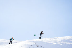 Italian athlete Martina Valmassoi (R) and her teammates Cecilia Roia De Filippo (L) competes at the 41th Transcavallo ski mountaineering race, on February 17, 2023 in Val Salatis, Tambre (Italy).
