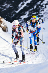 French athlete Julien Michelon (L) and Italian athlete Michele Boscacci (R) competes at the 41th Transcavallo ski mountaineering race, on February 17, 2023 in Val Salatis, Tambre (Italy).